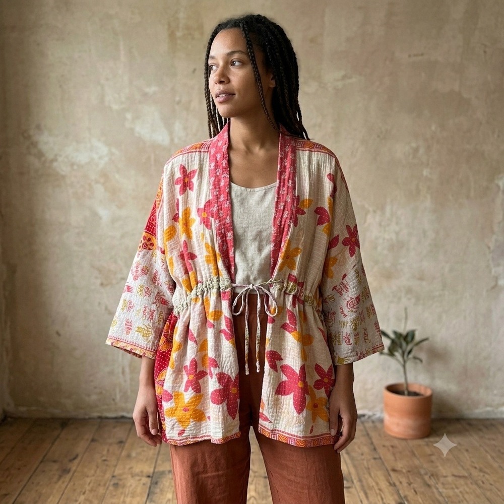 Kantha Bae Womens Kimono OS Pink Floral Kantha Stitch Drawstring Waist Jacket